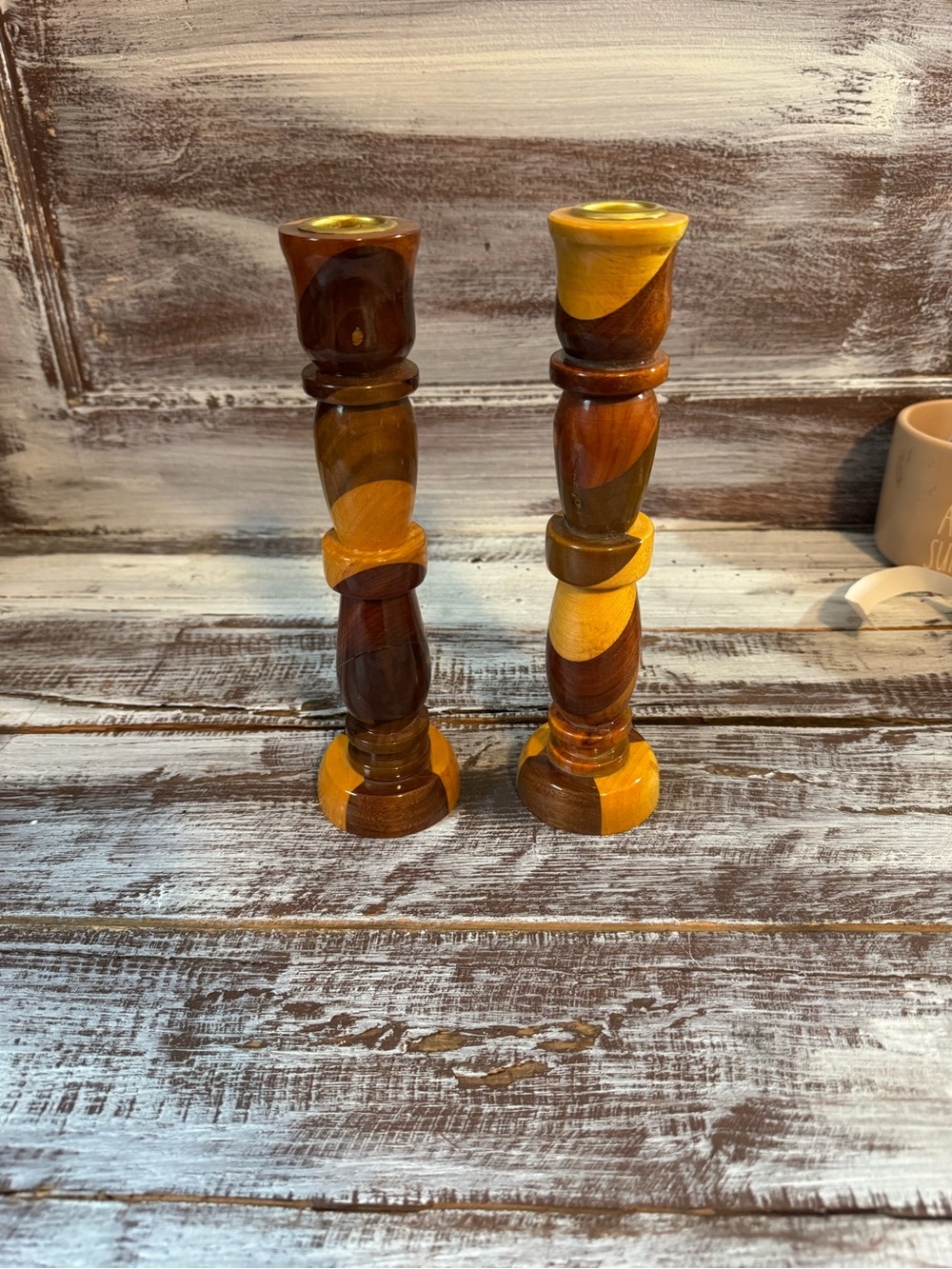 Handcrafted Two-Tone Wooden Candlestick Pair - Brown & Yellow